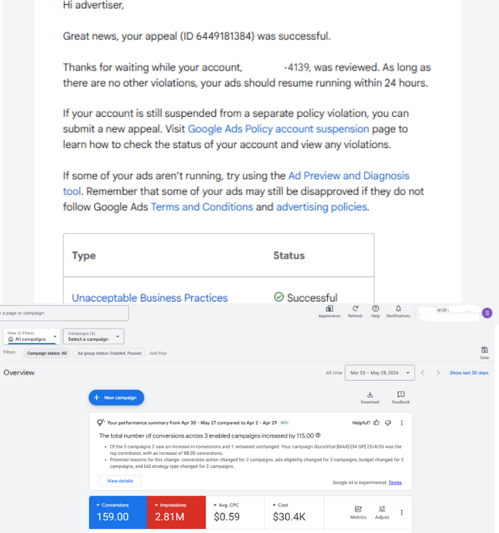 E-mail do Google Ads em inglês confirmando que o appeal foi bem-sucedido, com dashboard mostrando 159 conversões e $30.4K em custo.