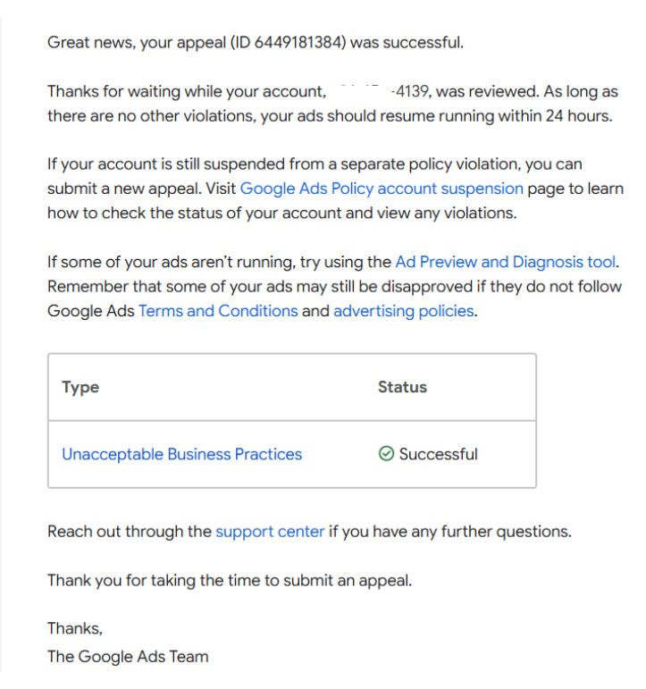 Detalhe do e-mail Google Ads em inglês mostrando status 'Successful' para o motivo de suspensão 'Unacceptable Business Practices'.