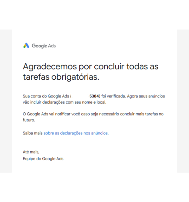 E-mail do Google Ads em português confirmando que todas as tarefas obrigatórias foram concluídas e a conta foi verificada.