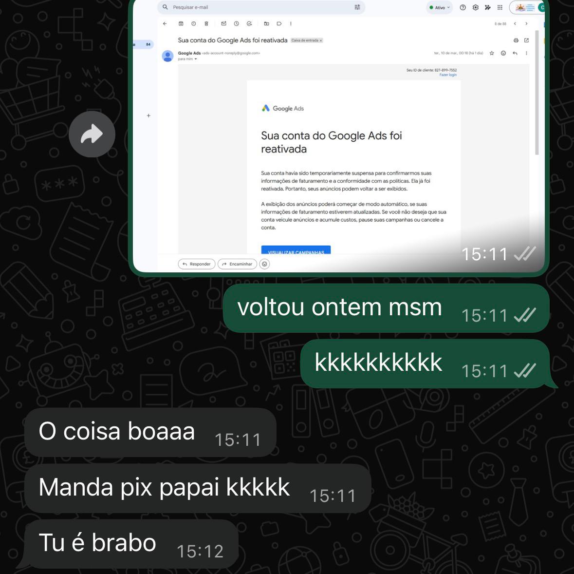 Print de WhatsApp: cliente responde após print de conta reativada — 'O coisa boaaa, Manda pix papai kkkkk, Tu é brabo'.
