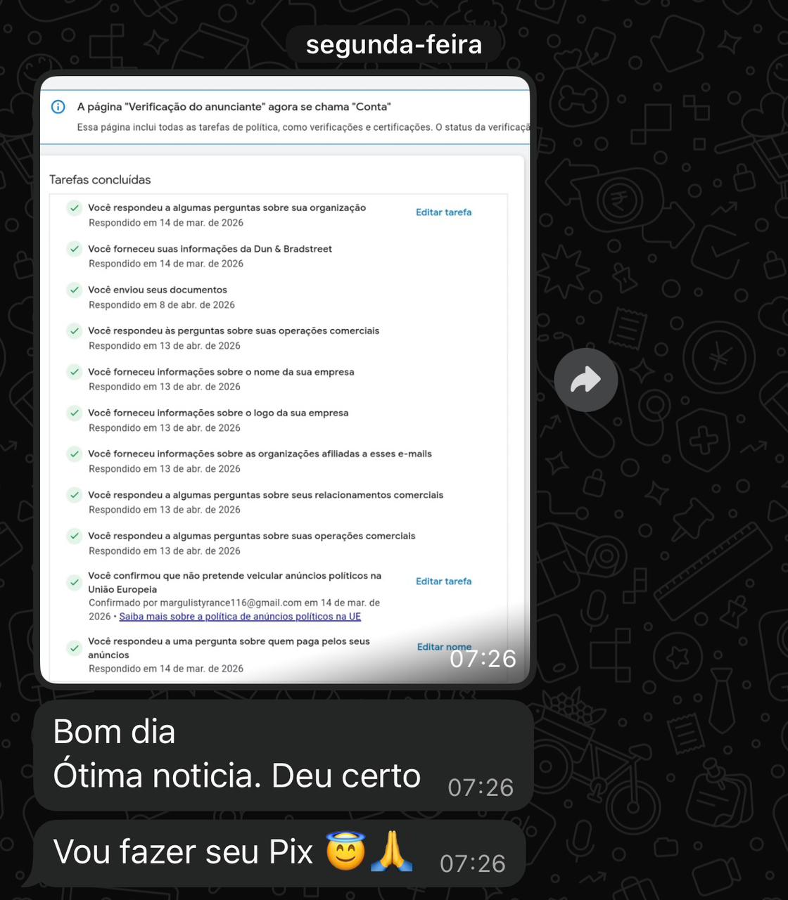 Print de WhatsApp: cliente envia screenshot de tarefas concluídas e responde 'Bom dia, Ótima notícia. Deu certo. Vou fazer seu Pix'.